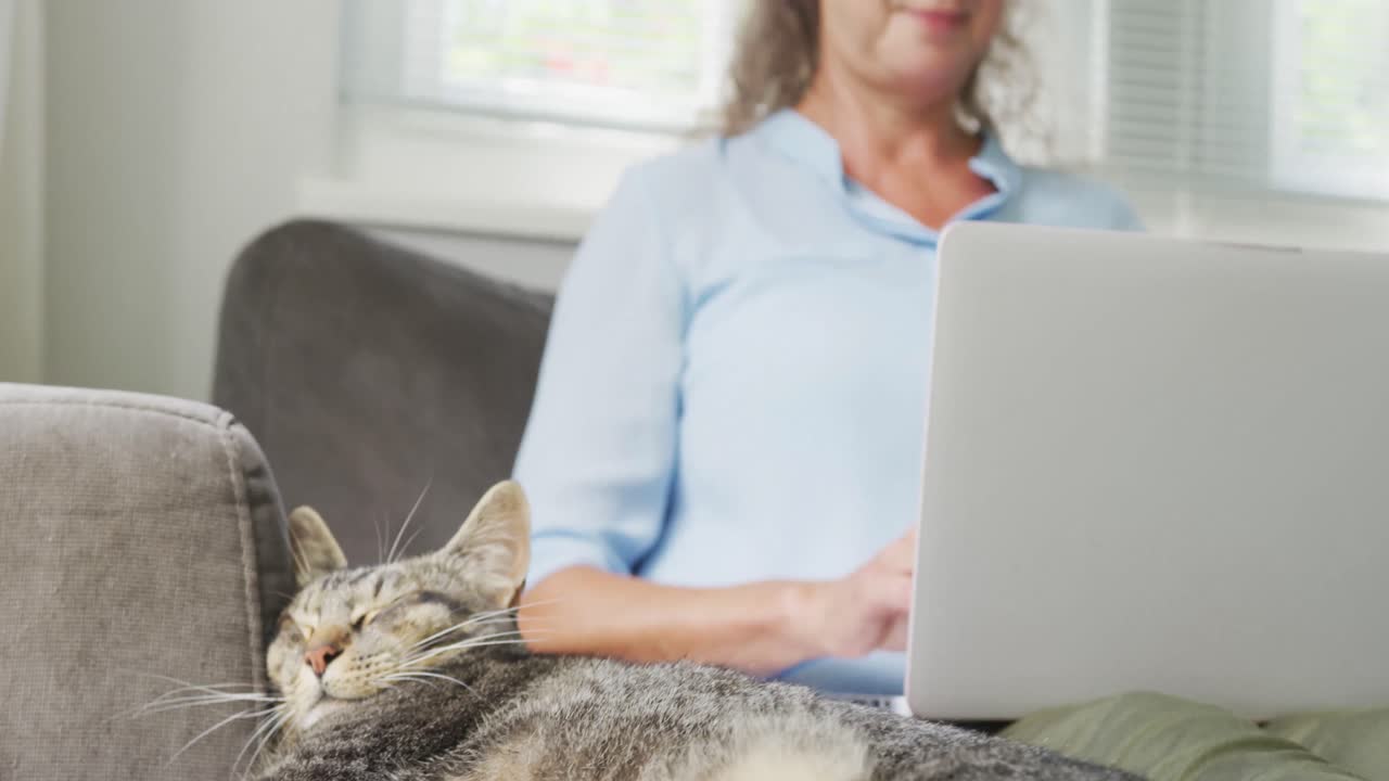 mujer caucásica mayor con camisa azul y usando computadora portátil con gato en la sala de estar