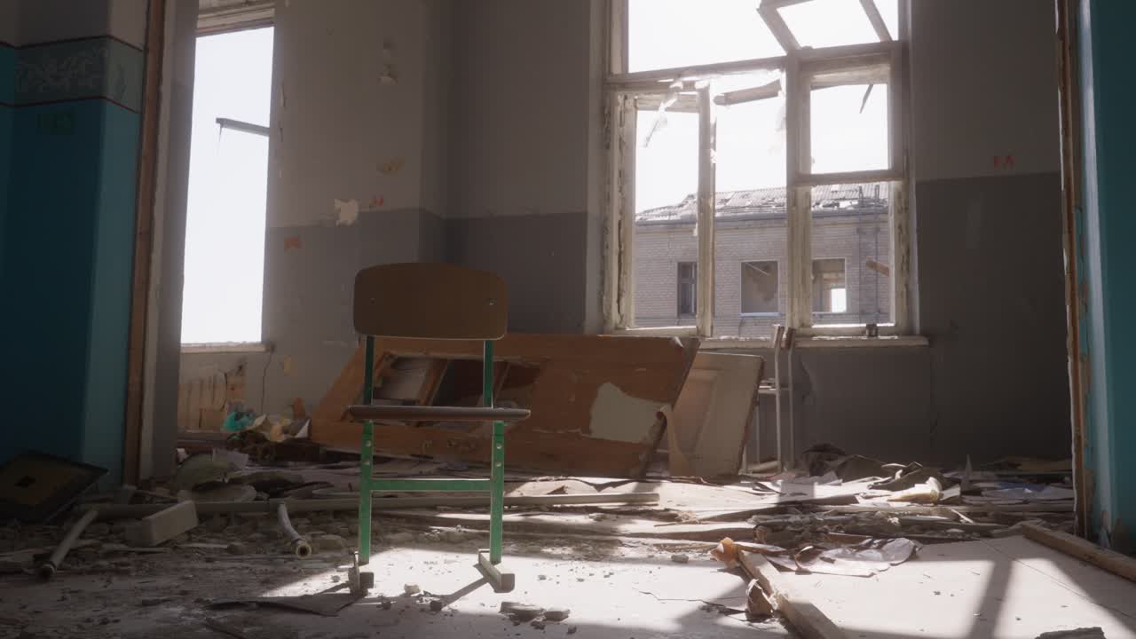 The interior of a Ukrainian school was destroyed by the war. Static shot.
