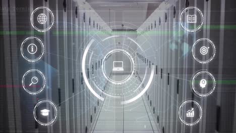 animación de la red de iconos digitales y procesamiento de datos contra la sala de servidores de computadora