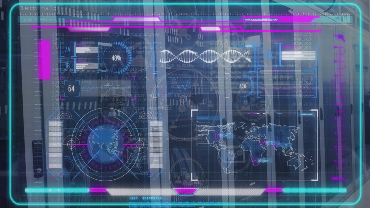 animación del patrón abstracto y la interfaz infográfica contra la sala de servidores en segundo plano