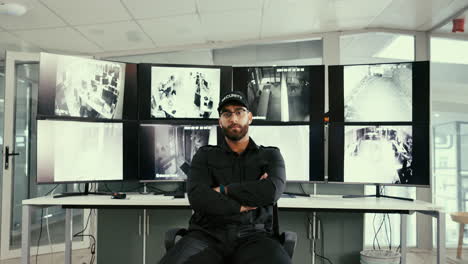 guardia de seguridad monitoreando cámaras de seguridad en una oficina