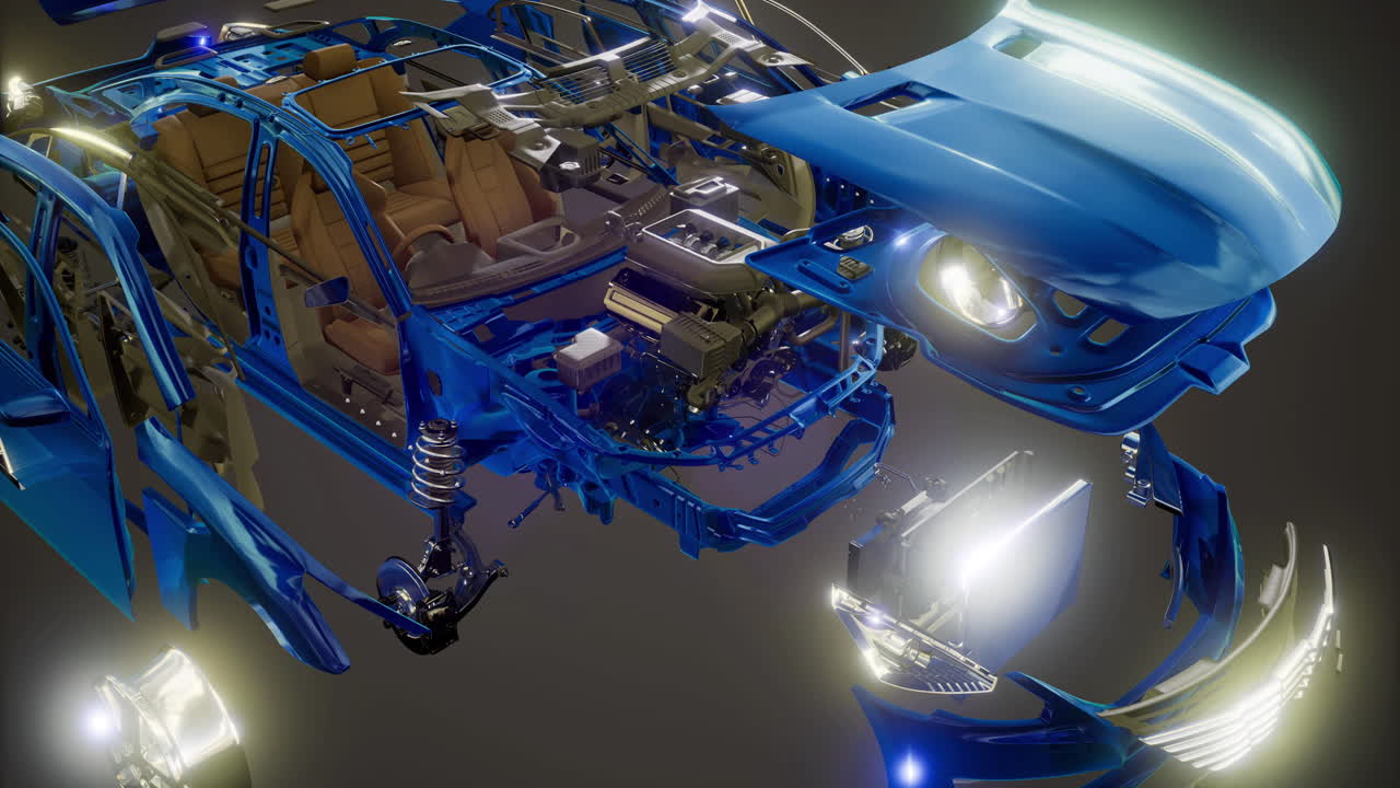 Disassembling a car in a workshop with intricate detail and craftsmanship