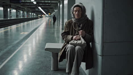 elderly woman waiting at train station