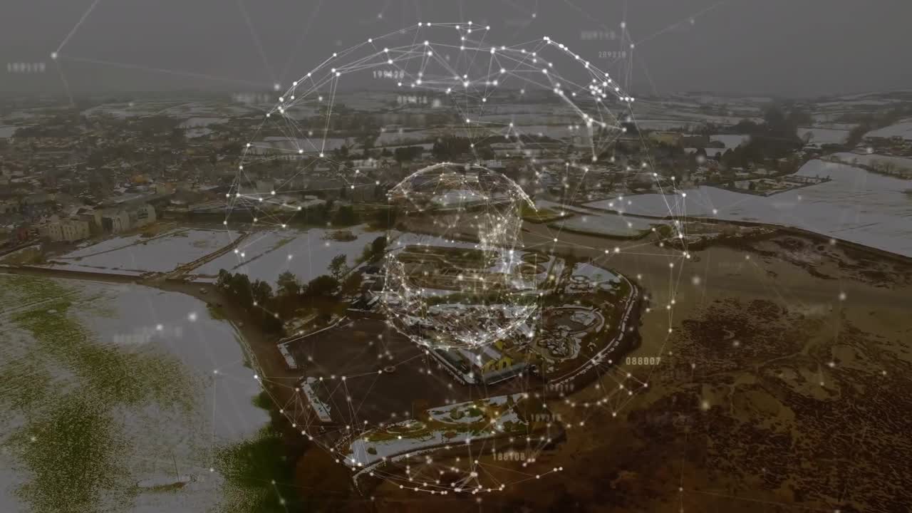 Animation of globe with network of connections over landscape