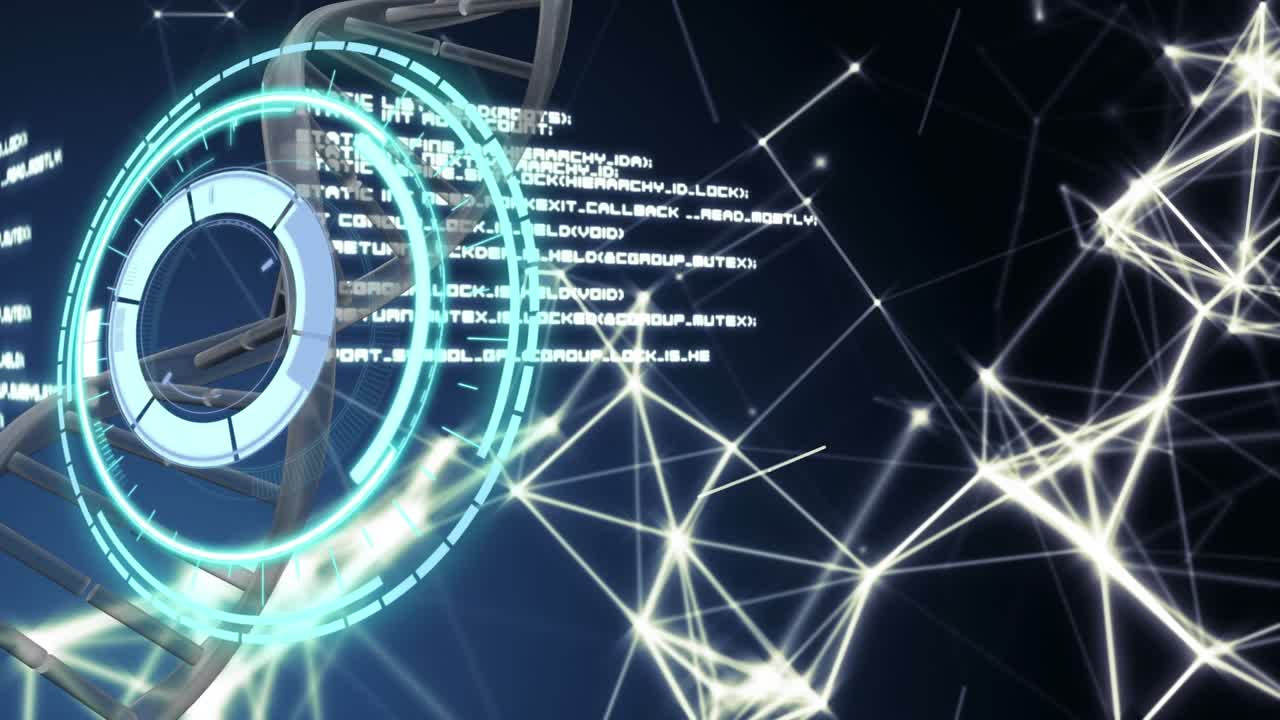 Animation of dna chain over black background with data processing and network of connections