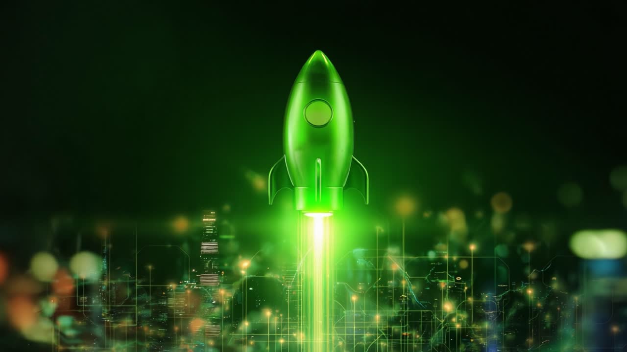 Futuristic green rocket ship taking off from a technological landscape made of circuit boards and glowing data points, symbolizing innovation, startup growth, and rapid business development