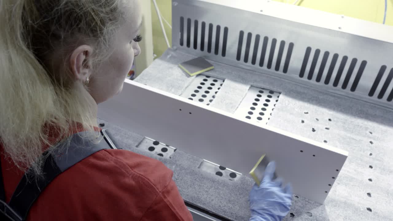 mujer lustrando un panel de madera pintado en una instalación de fabricación