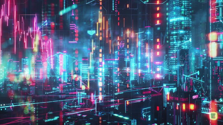 Scena urbana astratta di dati e codice realizzata con IA generativa