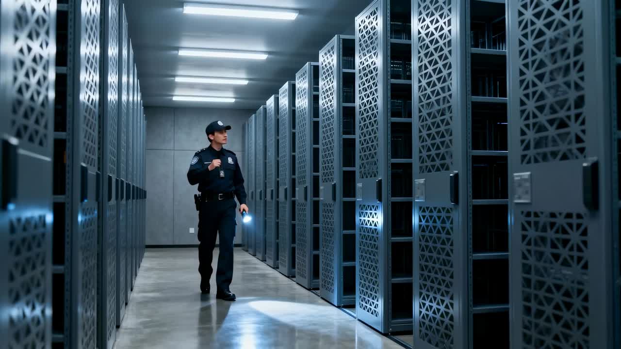 Walking on patrol uniformed guard scanning racks with torch stopping and using radio in data center