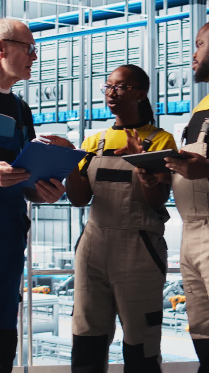 Vertical video Smart factory engineering team coworkers monitor system performance