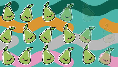 animation of pears and colourful shapes on green background