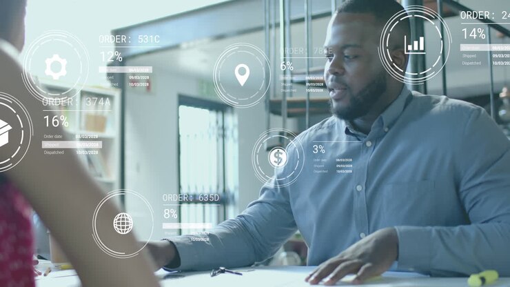 Media icons and data processing over african american male architect in meeting