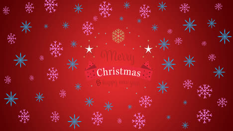 animation of snowflakes and christmas greetings on red background