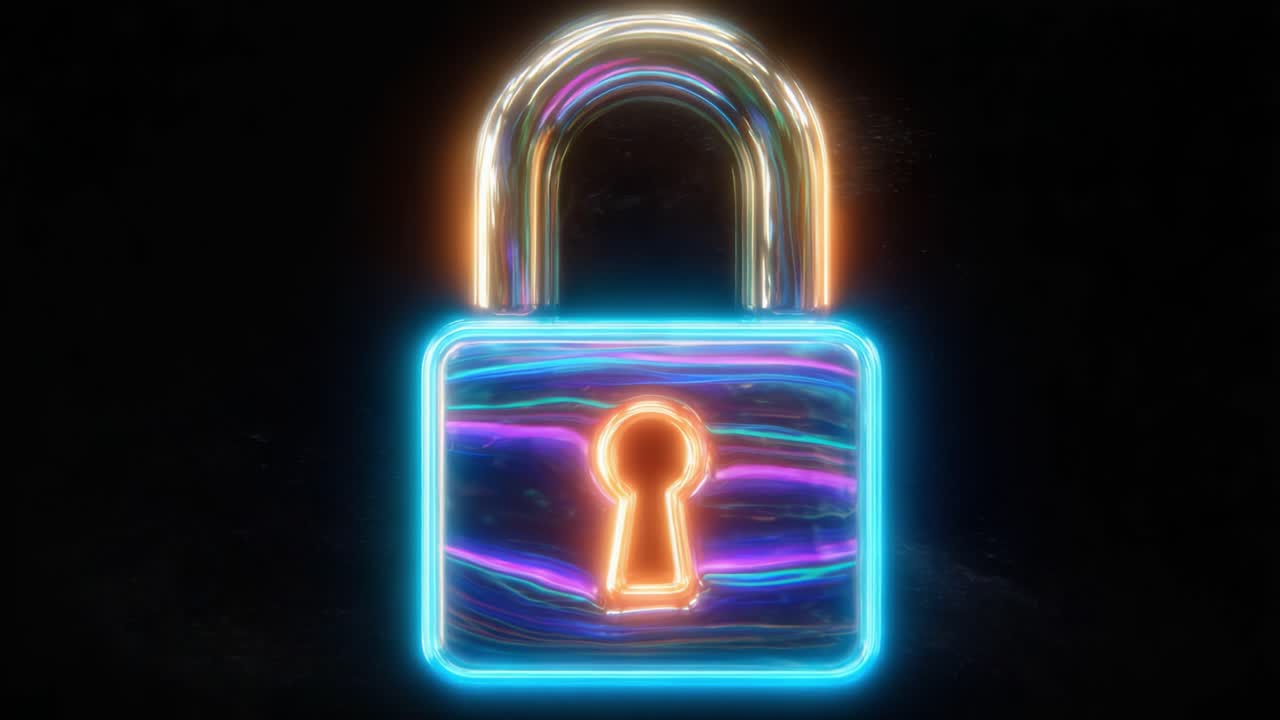 A Stunning Visual of a Futuristic Lock with Glowing Neon Elements, Radiating Security and Protection in a Darkened Background, Captivating the Eye with Its Unique Design