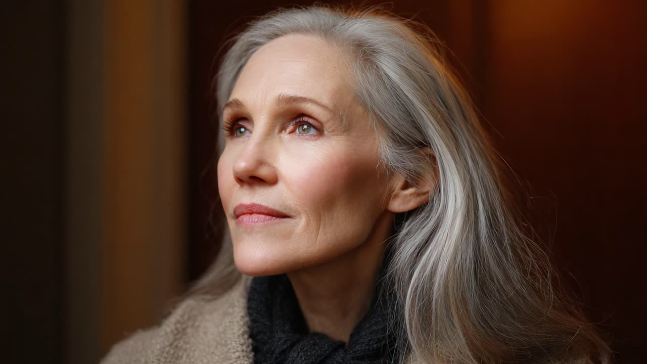 A Serene Portrait of a Graceful Older Woman with Silver Hair and Warm Expression in Soft Lighting