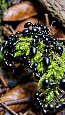 black ants on moss in forest