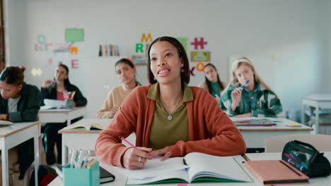 High school, girl and hand for answer