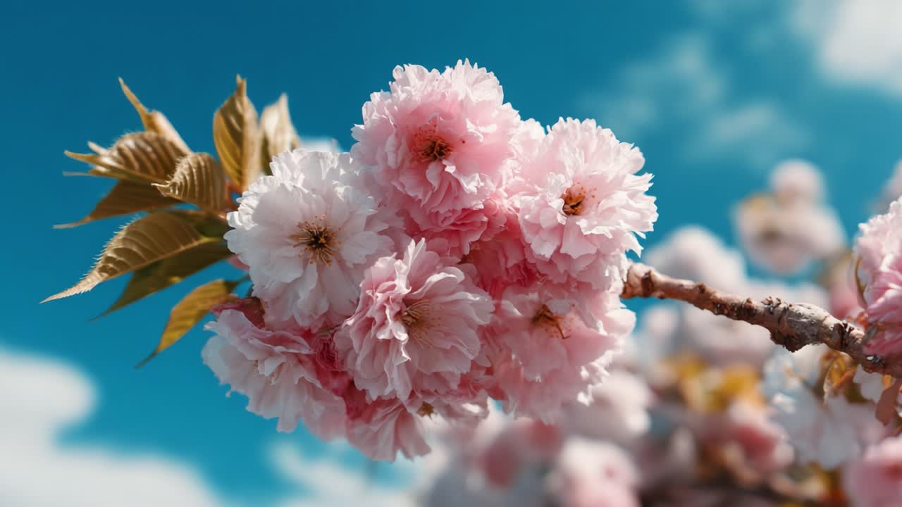 Captivating Cherry Blossom in Full Bloom Against a Clear Blue Sky, Showcasing Vibrant Pink Petals and Lush Green Leaves for a Stunning Spring Display