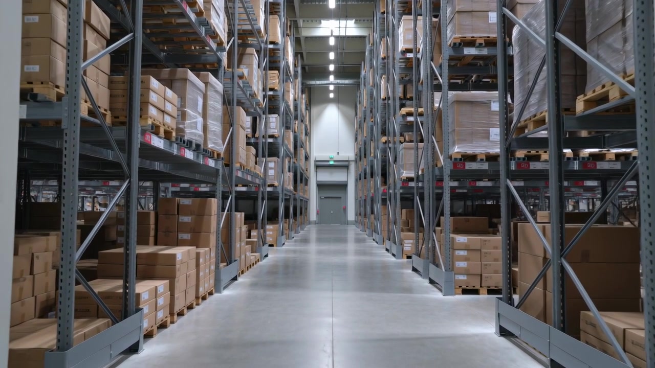 All'apertura della clip, la telecamera si muove lungo il corridoio di un magazzino rivelando scaffalature metalliche, pallet, cartello di uscita.