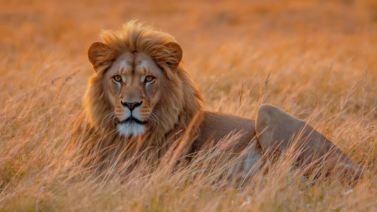 Shifting adult male lion full-maned hearing far sound, lifting head and sniffing in tall dry grass
