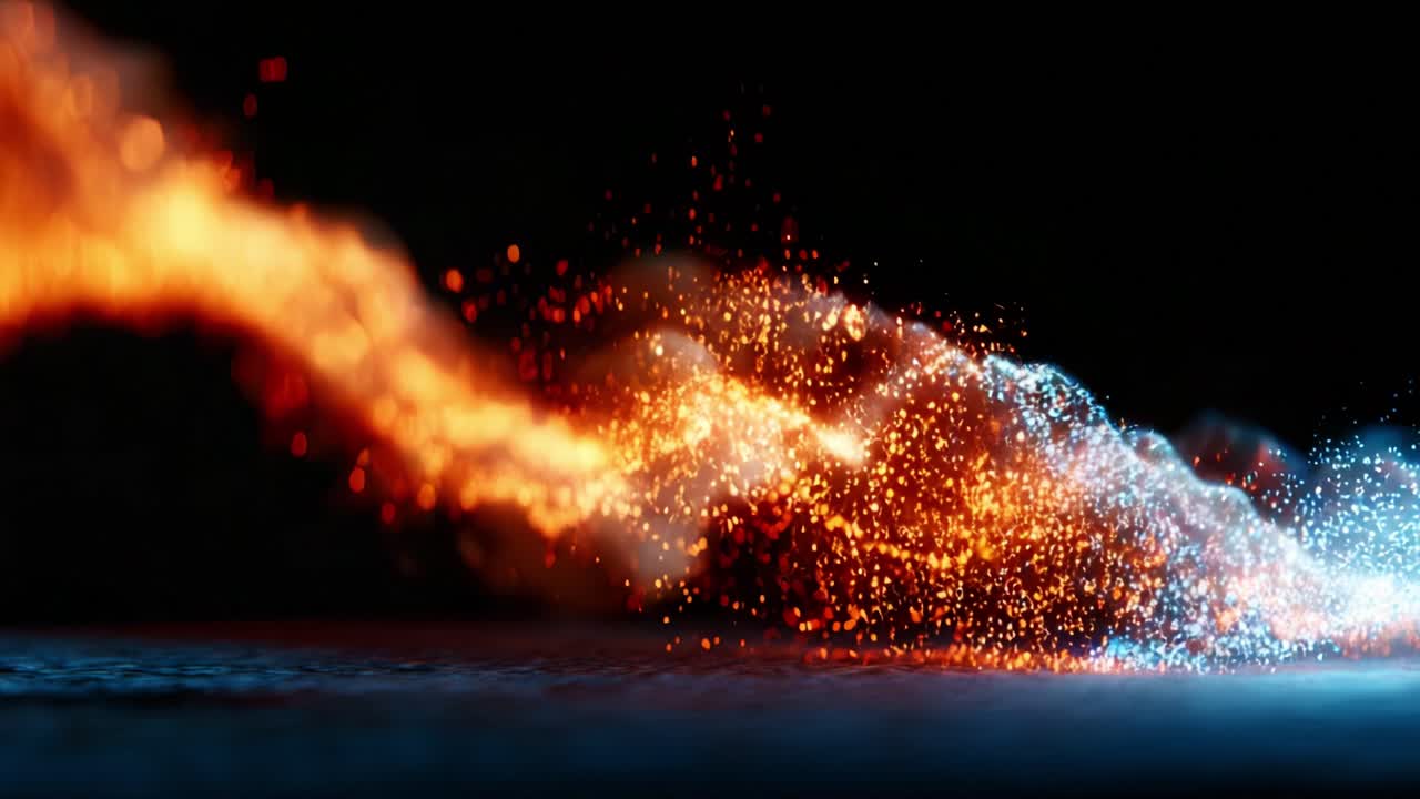 Dynamic Flow of Light and Color: A Stunning Visual Representation of Fire and Ice Interacting in a Vivid and Energetic Display of Movement and Energy Through Sparkling Particles