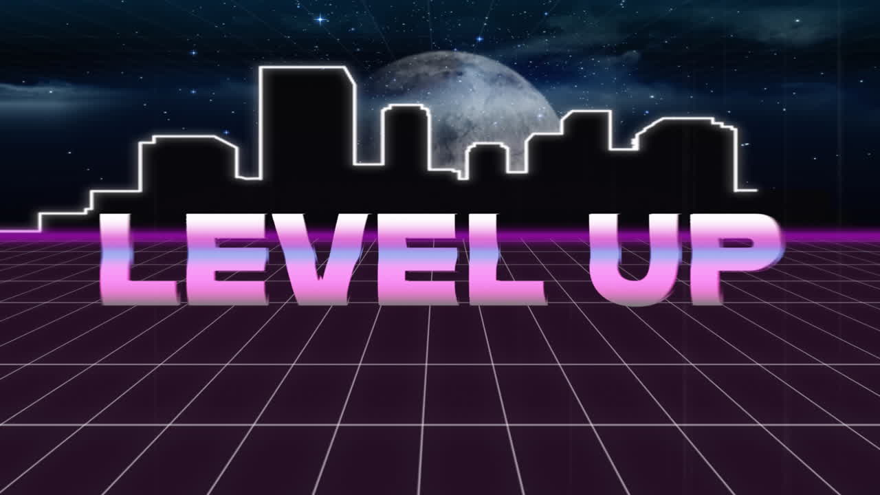 애니메이션 빈티지 비디오 게임 화면 금속 단어 레벨 업 작성