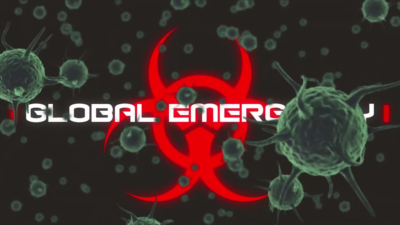 코로나 19 텍스트와 생물 위험 기호가 있는 세포의 애니메이션