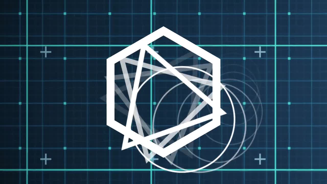 파란색 배경에 녹색 그리드 위에서 회전하는  ⁇ 색 모양의 애니메이션