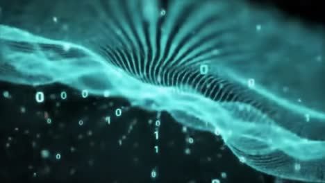 dynamic visualization of binary data waves with pulsing patterns and floating digits representing digital information flow in modern technology