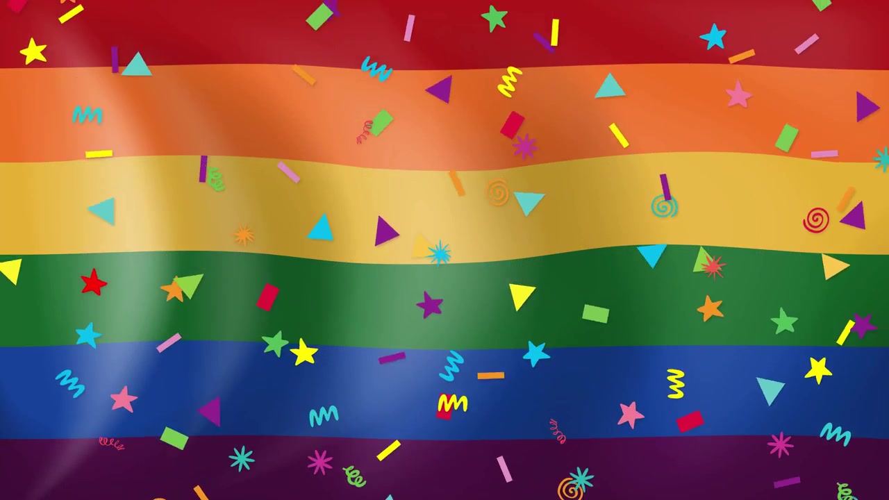 Forme di coriandoli vivaci cadono continuamente su uno sfondo di bandiera arcobaleno sventolante in questa animazione celebrativa.