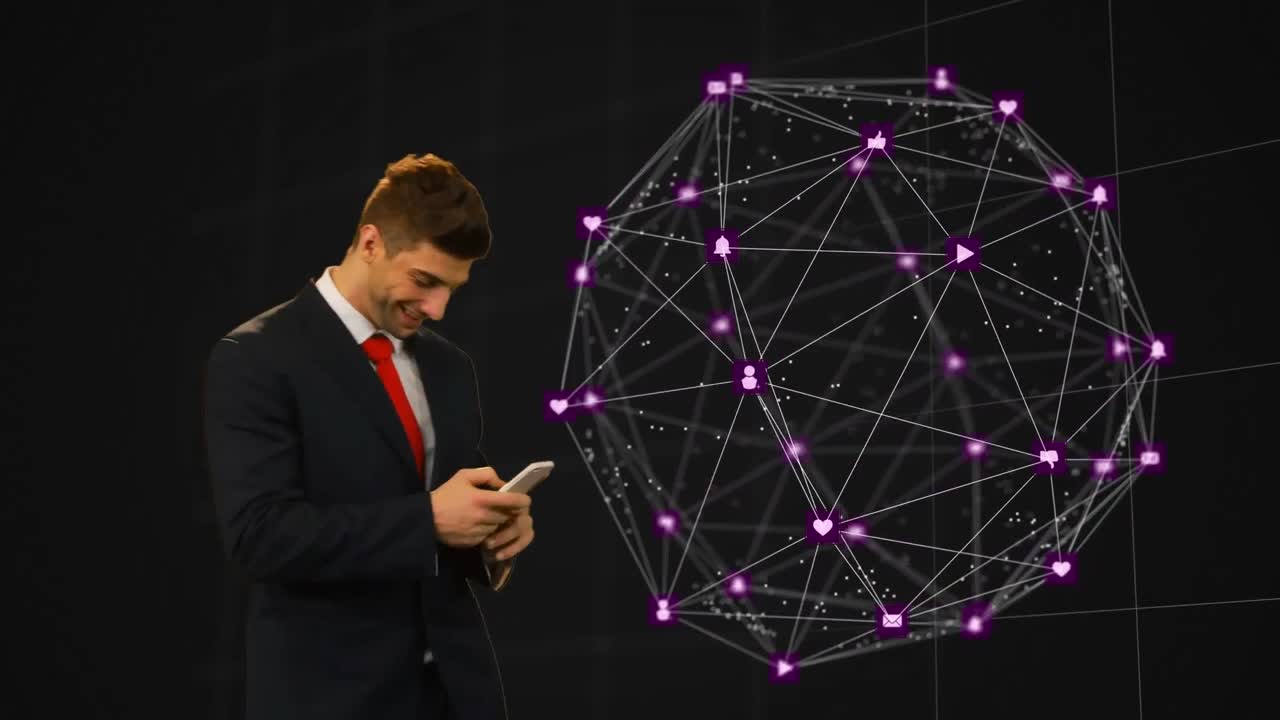globo de iconos digitales contra el empresario que usa un teléfono inteligente