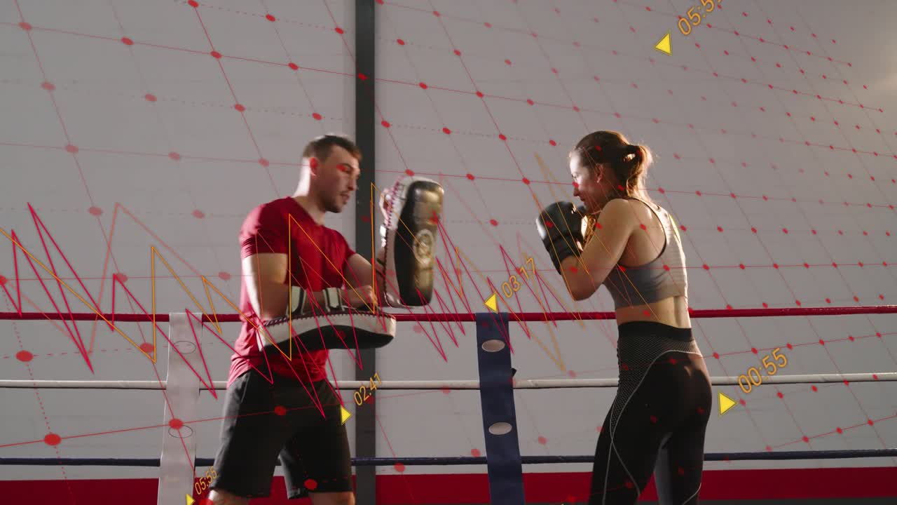 Coach raising pads, athlete throwing jabs, combos landing front kick for boxing with data overlays