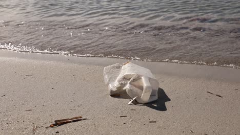 discarded plastic container with gentle waves in background, environmental pollution theme