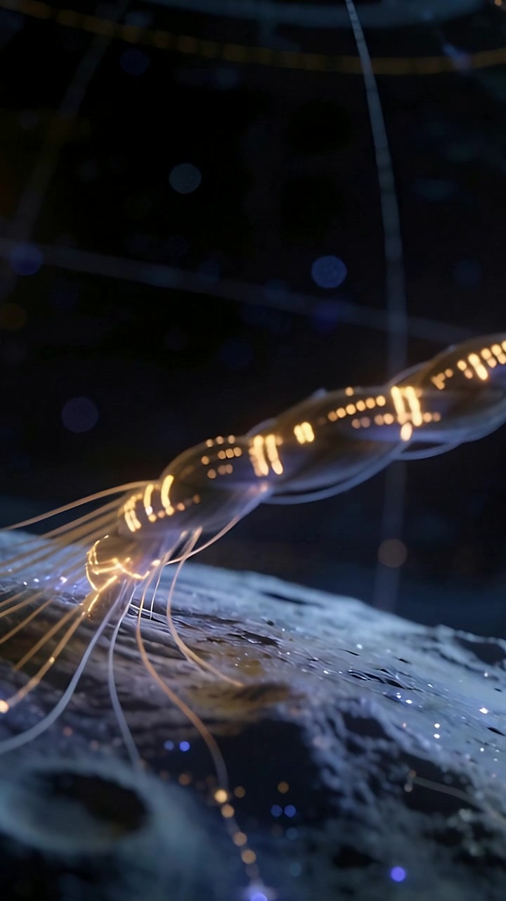 Vertical video: Panning cam showing braided cable pulsing gold filaments touching moon sending data