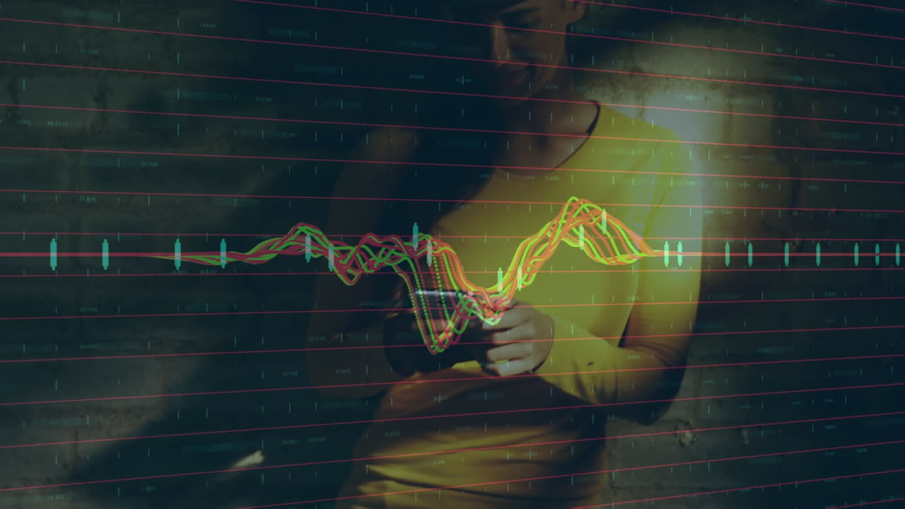Animation of data processing over woman using smartphone