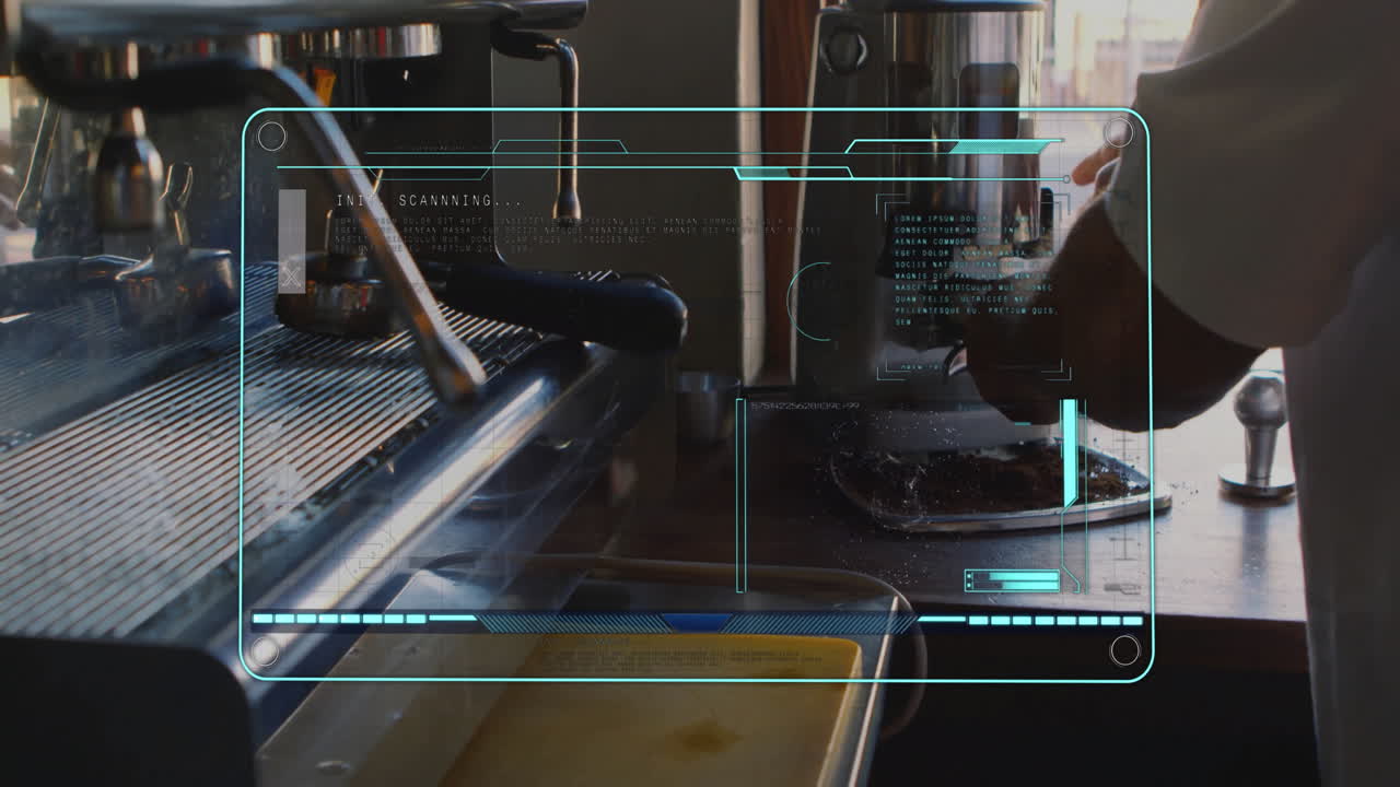 Barista grinding coffee grounds under integrated grinder on cafe counter with espresso machine