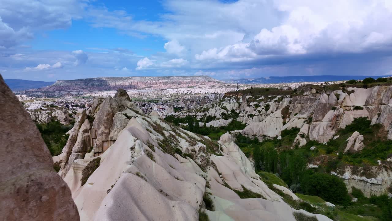 Dramatic rocky landscape of Cappadocia, Turkey, showcasing unique formations