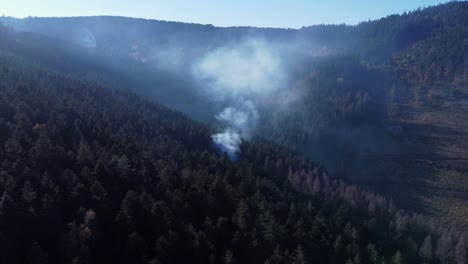 Vista-Aérea-De-Una-Zona-Forestal-Con-Leñador-Quemando-Madera-Haciendo-Un-Fuego-Con-Humo-En-La-Montaña