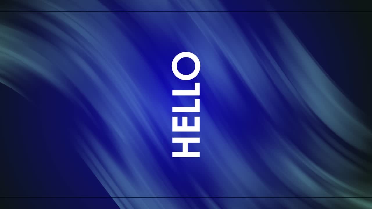 Animation of hello text over neon triangles over blue trails background