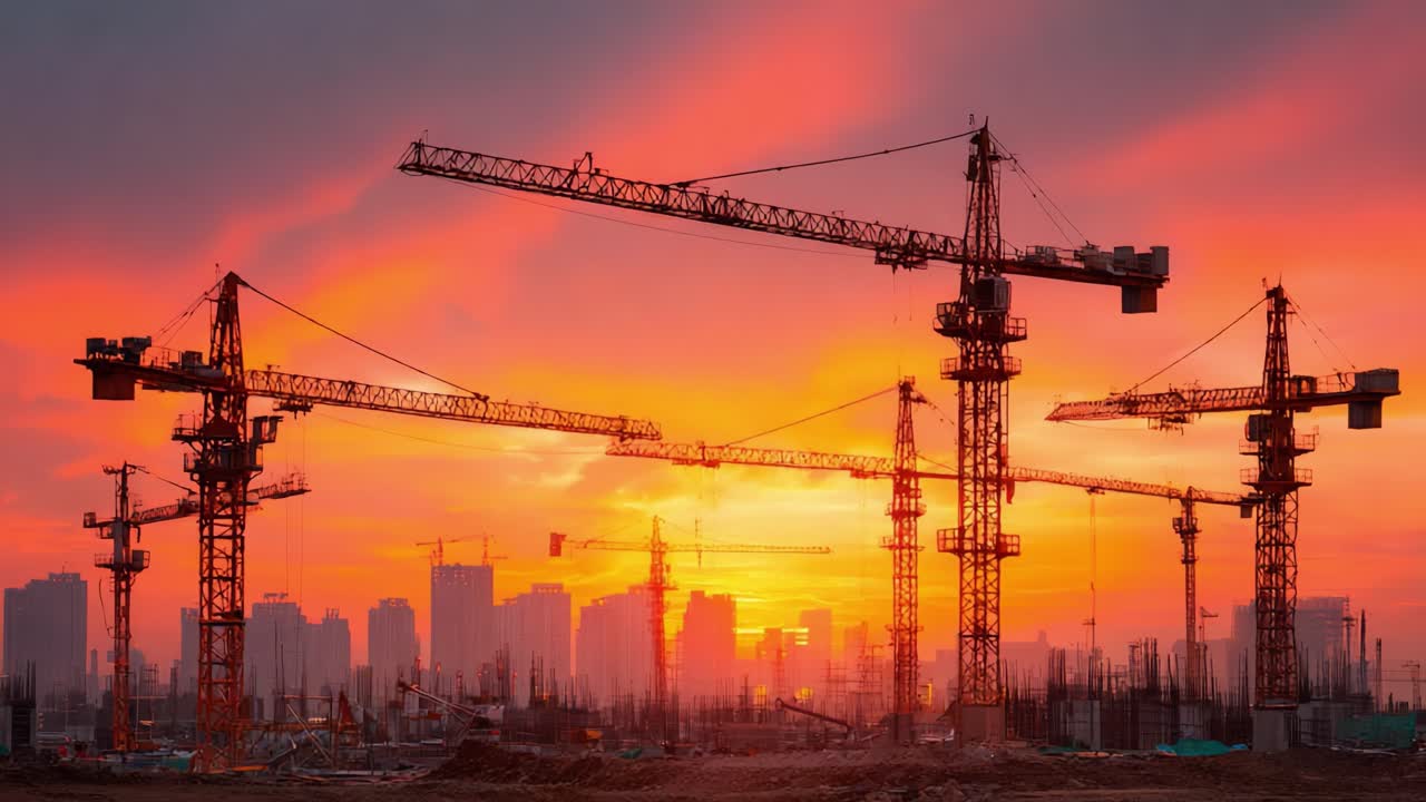 A Breathtaking Sunset Over a Construction Site, Showcasing Tower Cranes Against a Vibrant Sky as Day Turns to Night in an Urban Environment