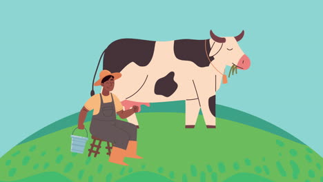granjero con una vaca lechera de cubo