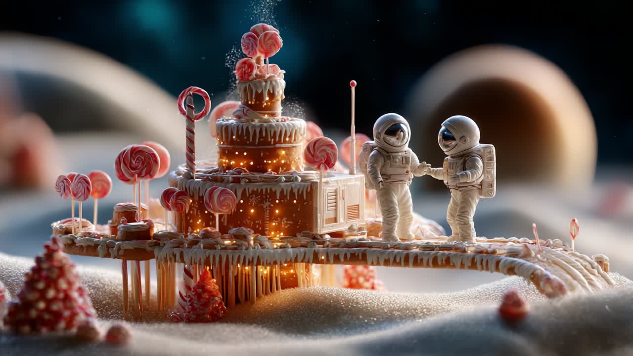 A Surreal Scene of Two Astronauts Enjoying a Sweet Holiday Adventure on a Whimsical Candy-Themed Planet with Glittering Decorations and Festive Elements in a Dreamlike Setting