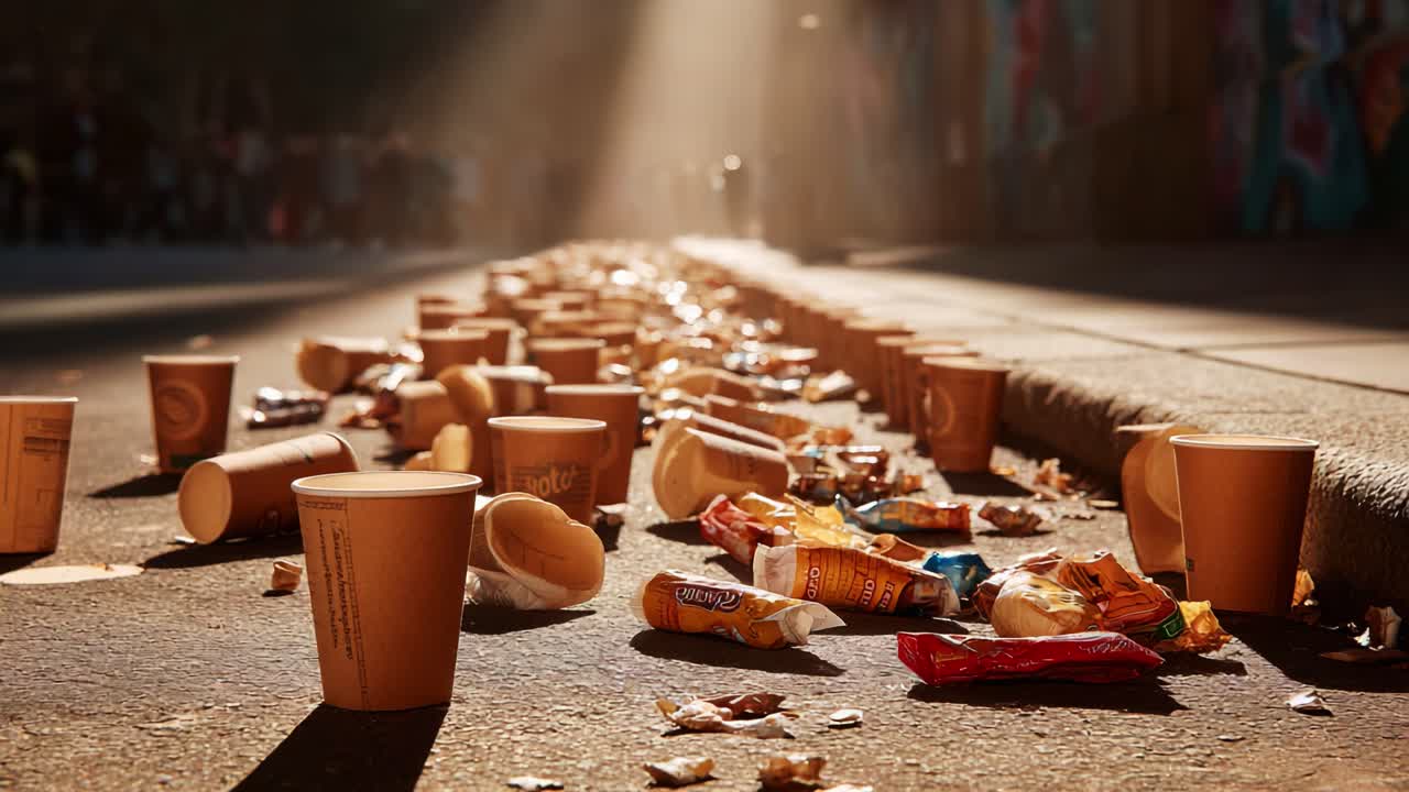 A Striking Contrast of Urban Life: Discarded Cups and Trash Littering the Street Bathed in Warm Natural Light, Highlighting Environmental Concerns and the Impact of Waste on City Landscapes