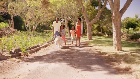 una familia linda está caminando en un parque con su perro