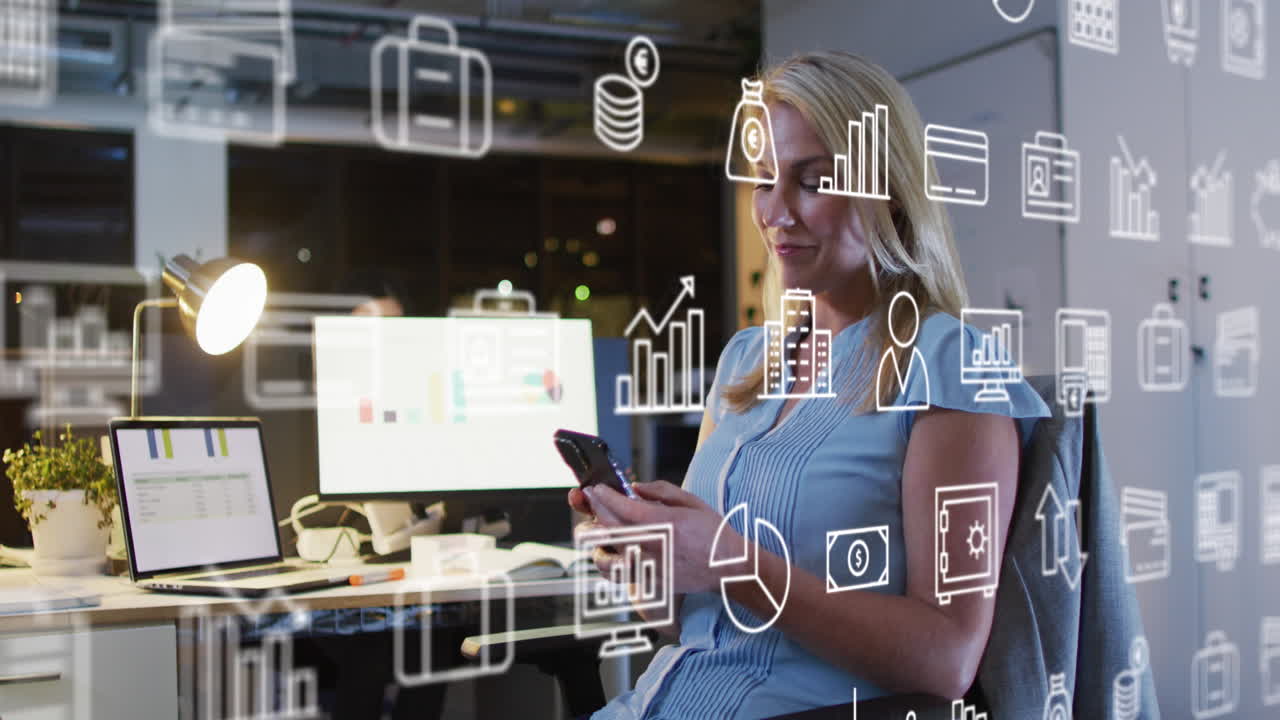 animation von ikonen und datenverarbeitung über kaukasische geschäftsfrau, die im büro arbeitet.