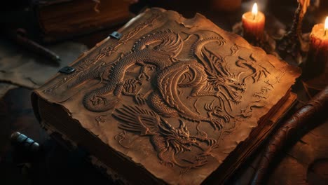 ancient book with dragons carved on leather cover