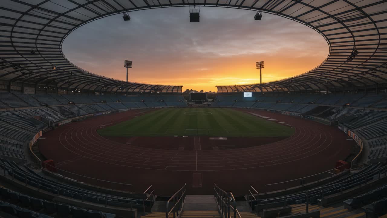 A Stunning Panoramic View of an Empty Stadium at Sunset, Showcasing the Breathtaking Atmosphere and Unique Design Amidst a Misty Field and Vibrant Sky