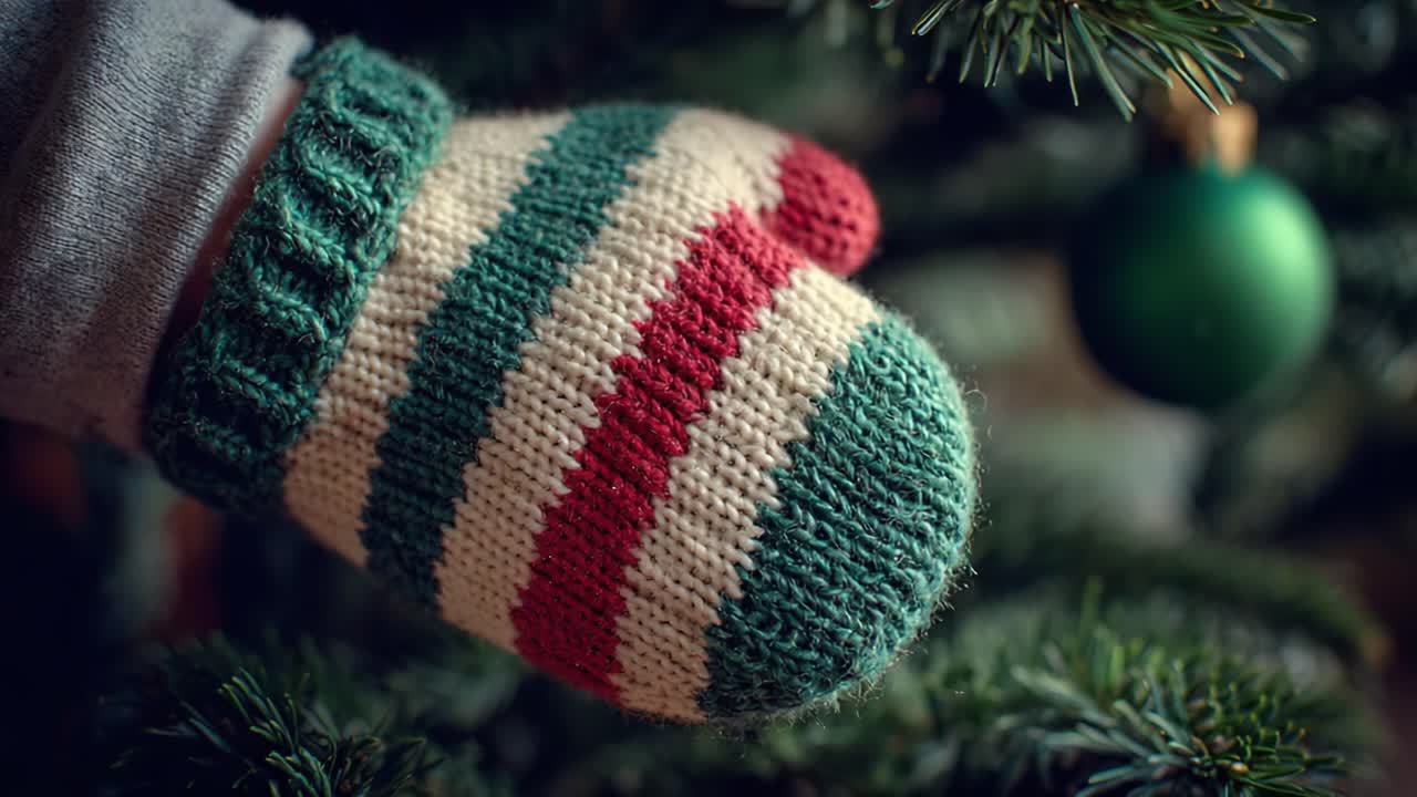 A Cozy Knitted Mitten Decorated with Green and Red Stripes Hanging Among Christmas Tree Branches, Showcasing the Festive Spirit of the Holiday Season