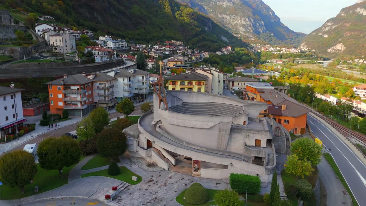 Aerial View of Modern Church in Mountainous Italian Town