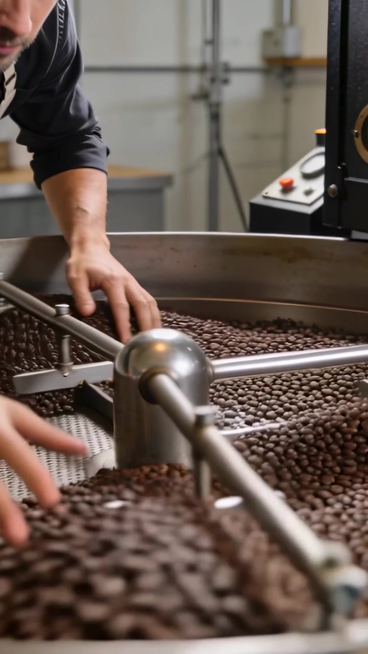 Vertical video: Agitator spinning roaster raking roast beans on tray in apron for even roast